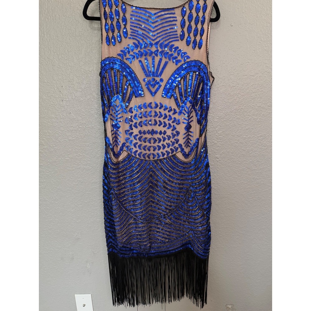 NWT‎ Unique Vintage Flapper Dress 1X/16 Blue Sequin Fringe Whimsy 1920's Gatsby - Picture 3 of 11